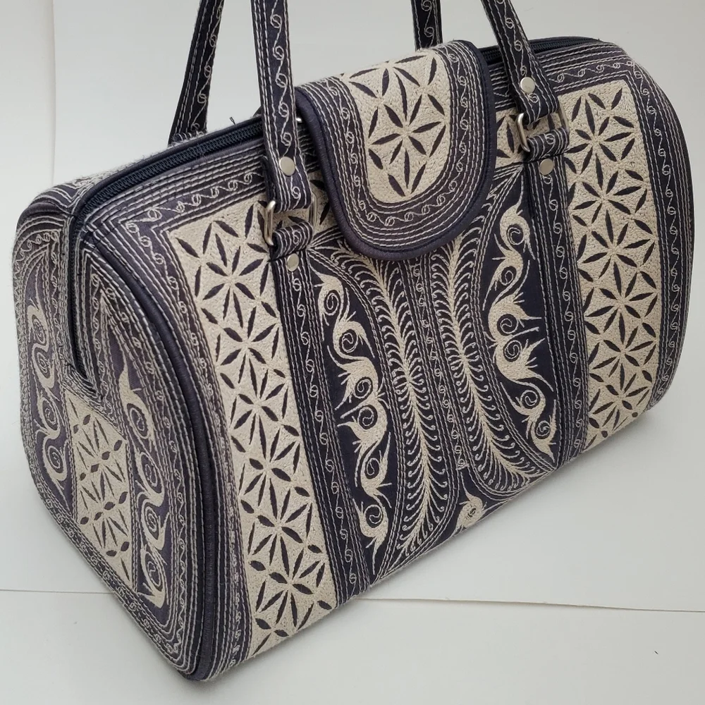 Embroidered Canvas Tote Bag in Black and Cream